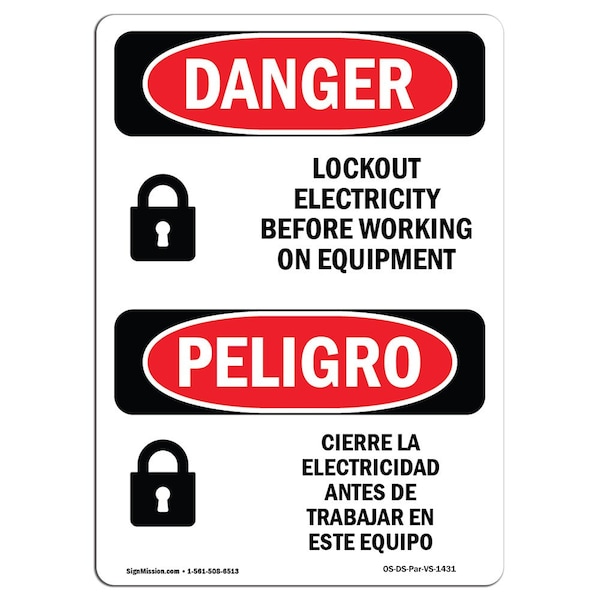 Safety Sign, OSHA Danger, 5" Height, Lockout Electricity Before Working Spanish, 10PK